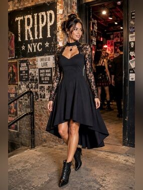 TRIPP NYC Daang Goodman Black Hi-Lo Lace Hem Dress Mock Neck Gothic Size S